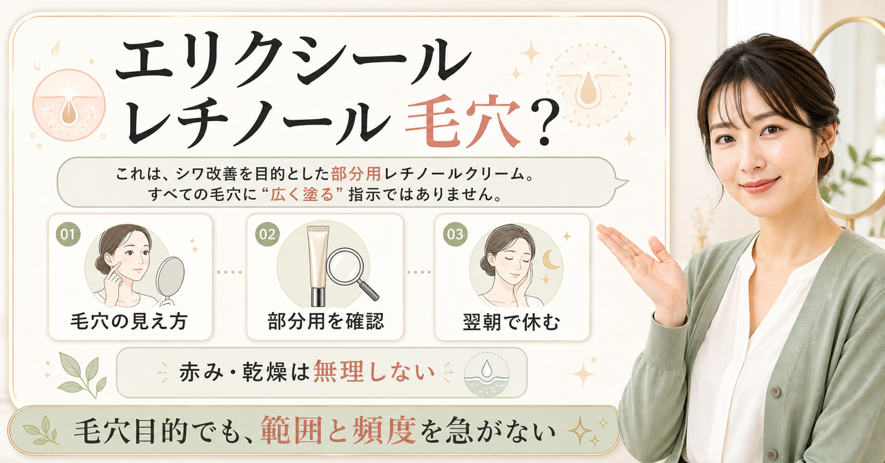 エリクシールのレチノールを毛穴目的で考える際の範囲と翌朝の確認を示す図解