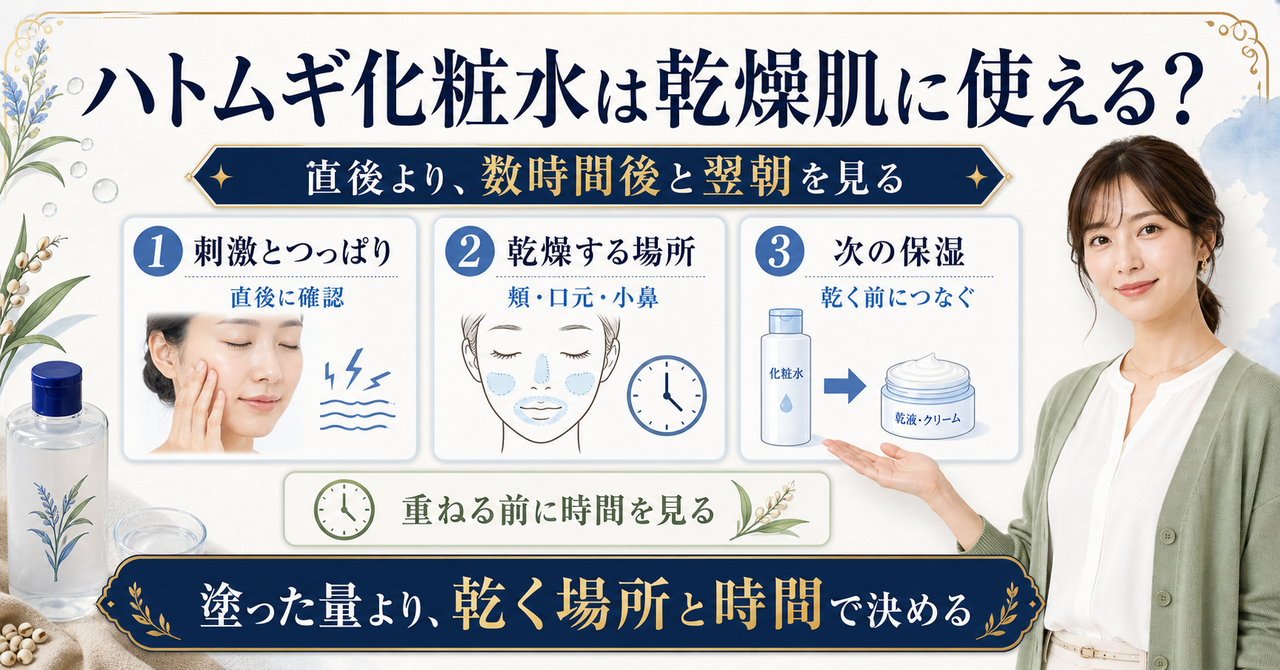 ハトムギ化粧水を乾燥肌で使う直後と翌朝の確認を示す図解
