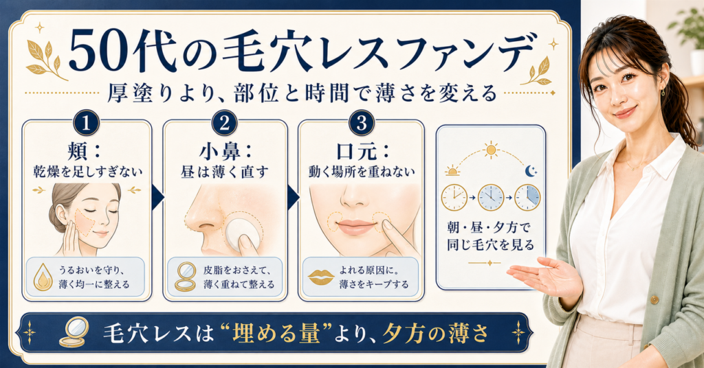 50代の毛穴レスファンデーションを部位と時間帯で選ぶ図解