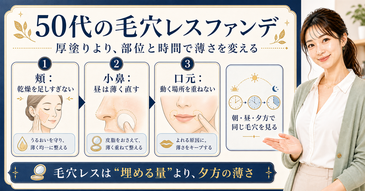50代の毛穴レスファンデーションを部位と時間帯で選ぶ図解