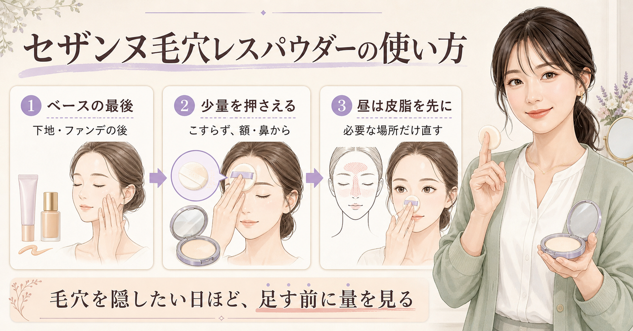 セザンヌ毛穴レスパウダーの使い方を説明するアイキャッチ