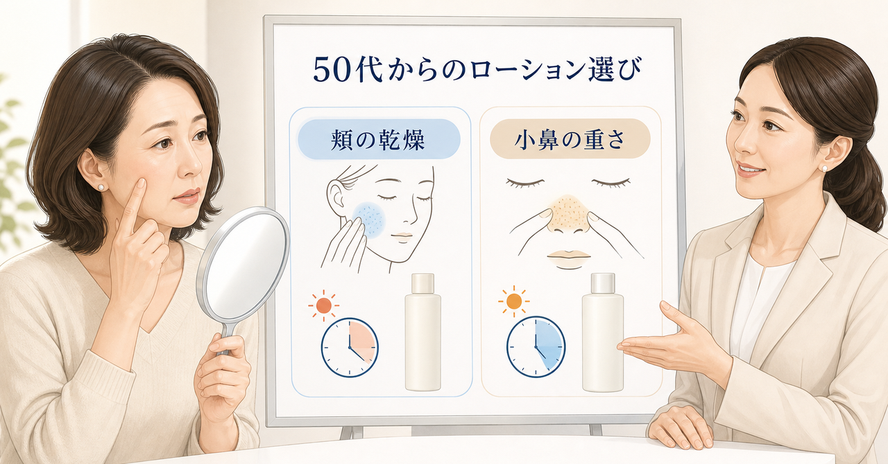 アクアレーベル化粧水を50代が選ぶときの見方を示すアイキャッチ