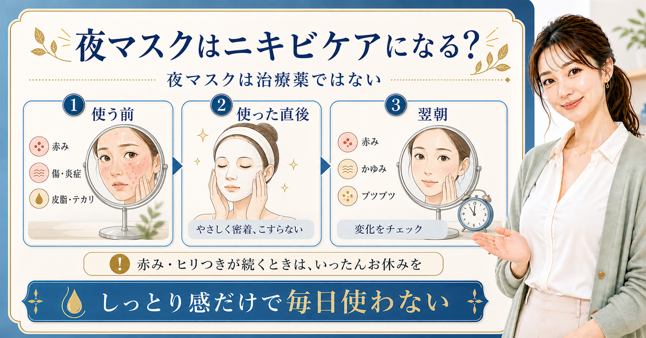 夜マスクとニキビを使う前、使った直後、翌朝の変化で確認する図