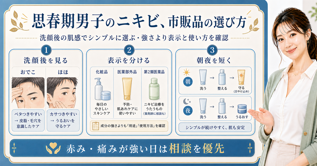 思春期男子のニキビ対策で市販品を洗顔後、表示、朝夜の順に選ぶ図
