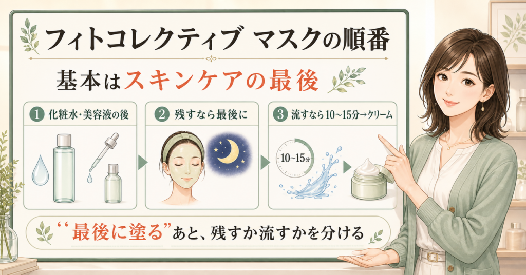 化粧水と美容液の後にマスクを置き残すか流すかを示す順番の図解