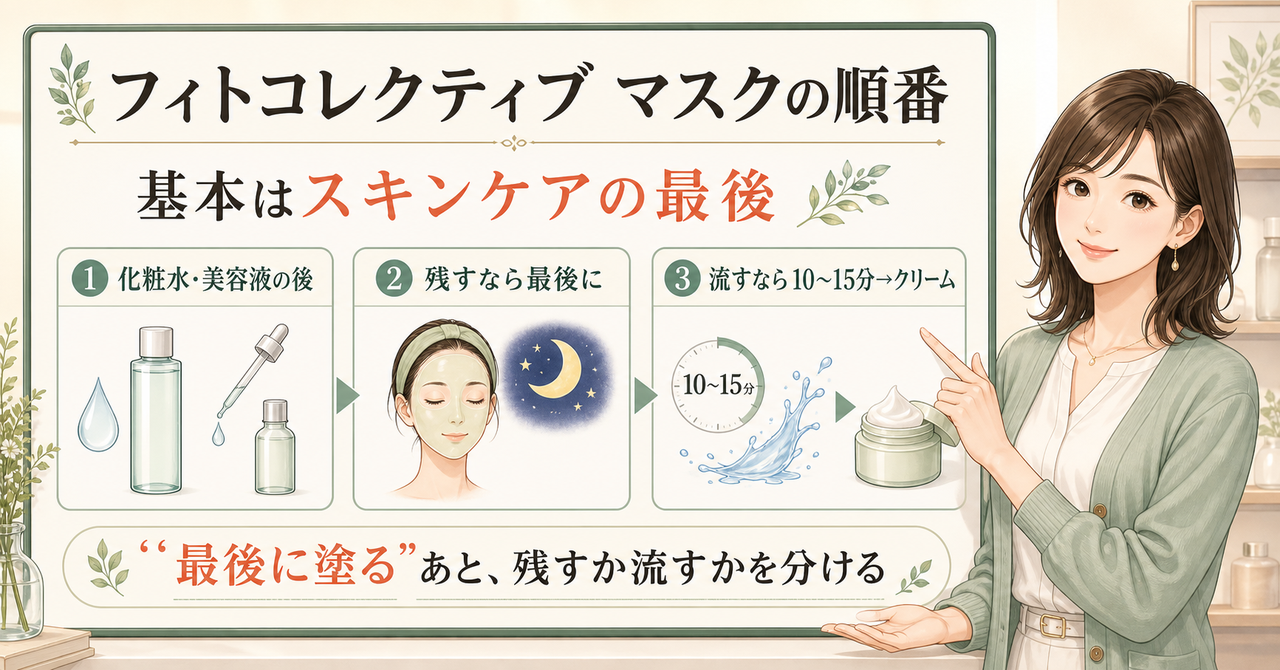 化粧水と美容液の後にマスクを置き残すか流すかを示す順番の図解