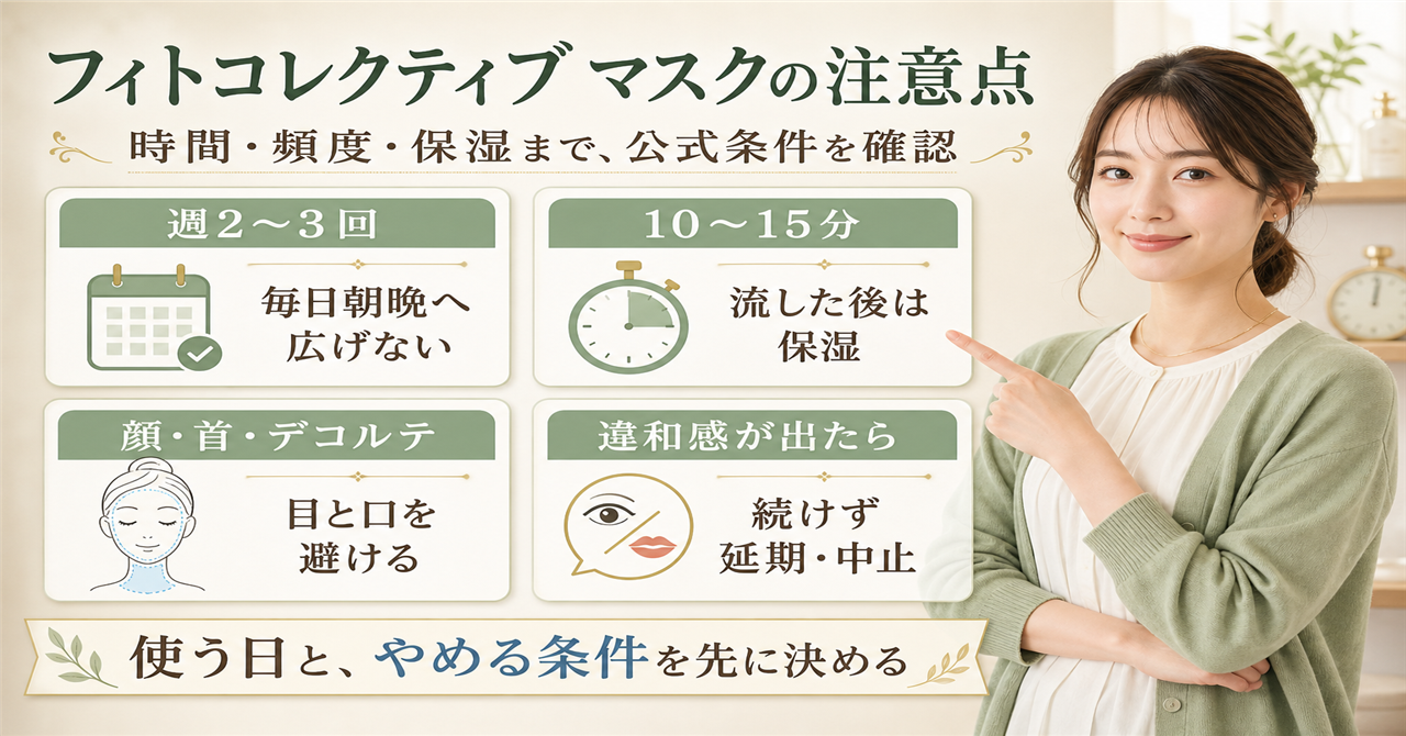 フィトコレクティブ マスクの頻度や時間と違和感時の中止条件を示す図解
