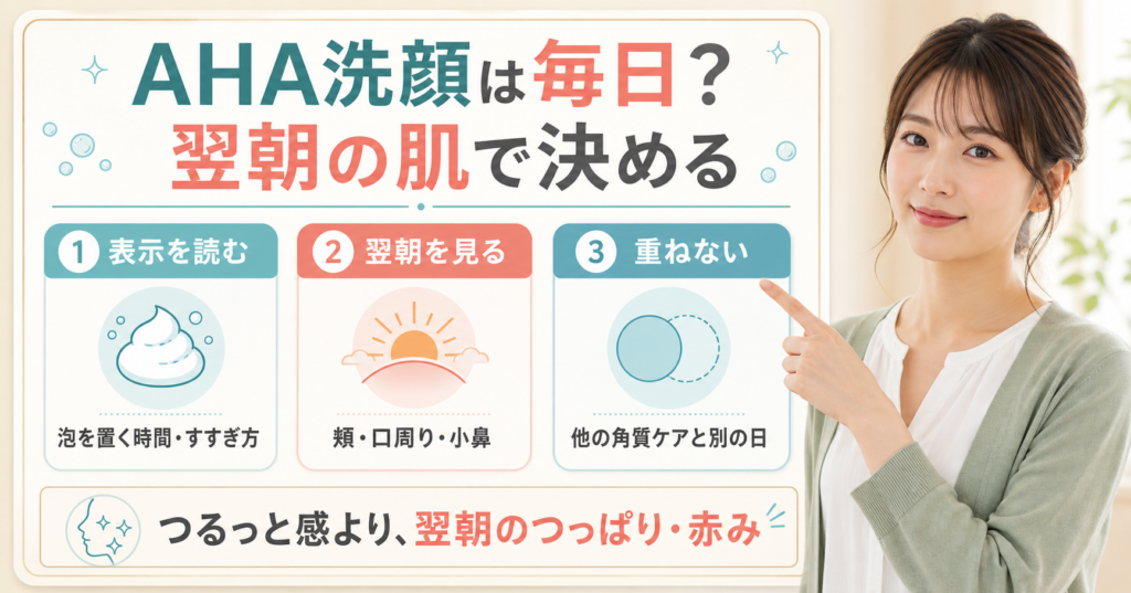 AHA洗顔を毎日使うか、製品表示と翌朝の肌の変化を確認するイメージ