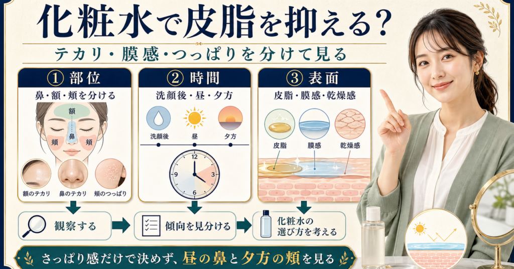 鼻と頬を時間帯と表面の違いで観察して化粧水を選ぶ図解