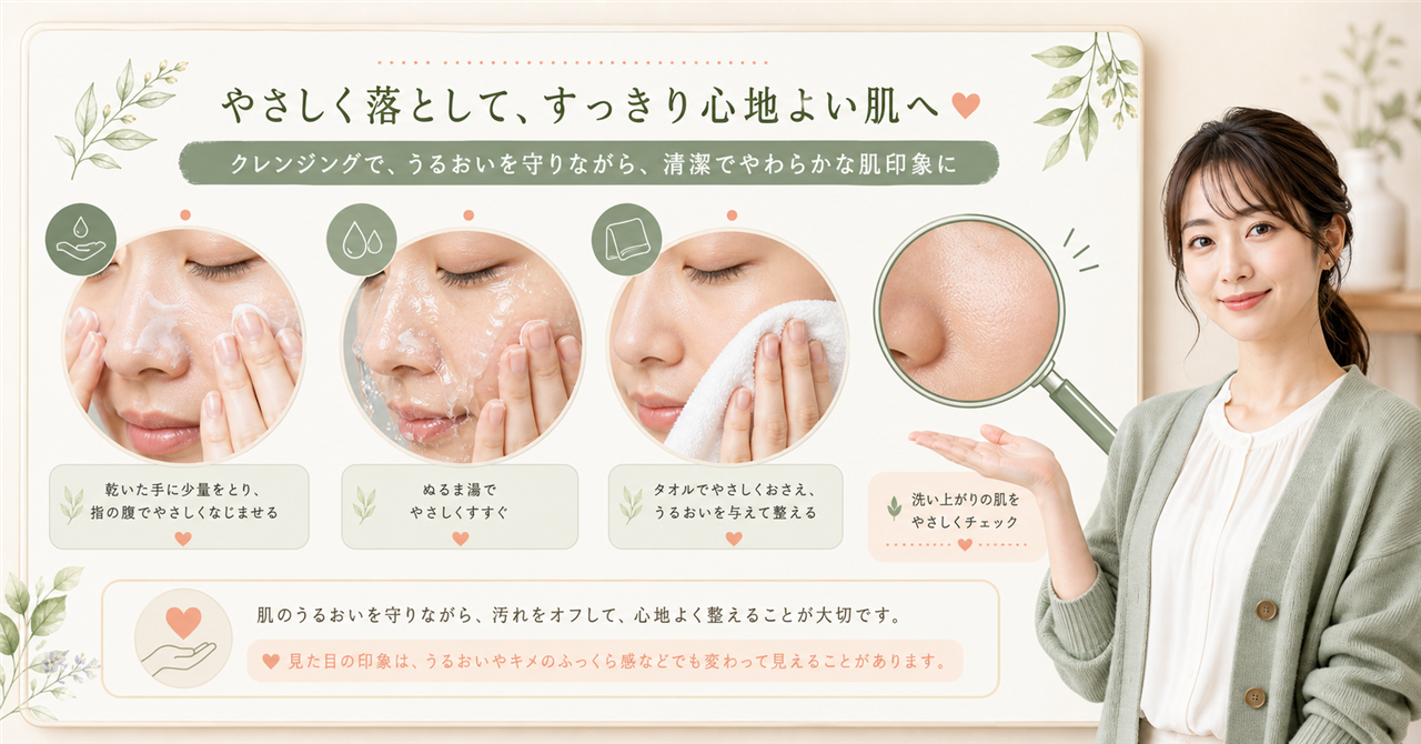 クレンジングの3工程と小鼻の肌状態を確認するイメージ