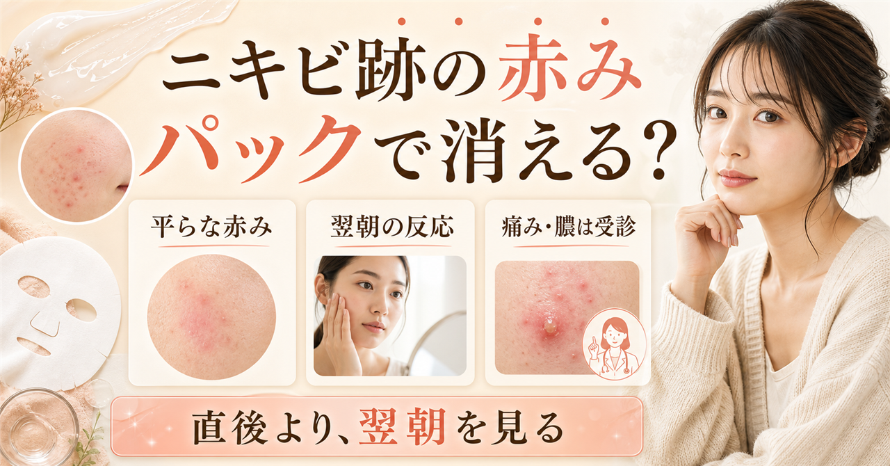 ニキビ跡の赤みをパックで消せるか、平らな赤みと翌朝の反応を確認するイメージ