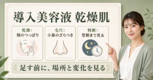 導入美容液を乾燥肌の頬、小鼻、翌朝の変化から判断する図解