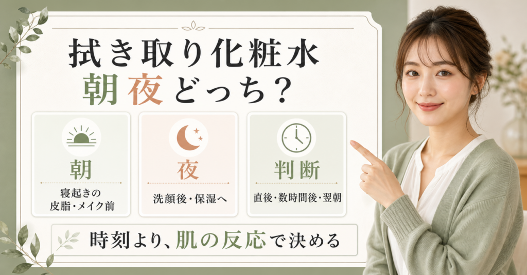 拭き取り化粧水を朝夜どちらに使うか、皮脂と翌朝の肌反応で判断するイメージ