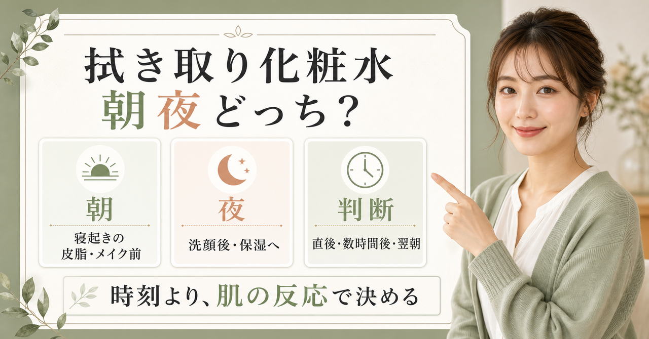 拭き取り化粧水を朝夜どちらに使うか、皮脂と翌朝の肌反応で判断するイメージ