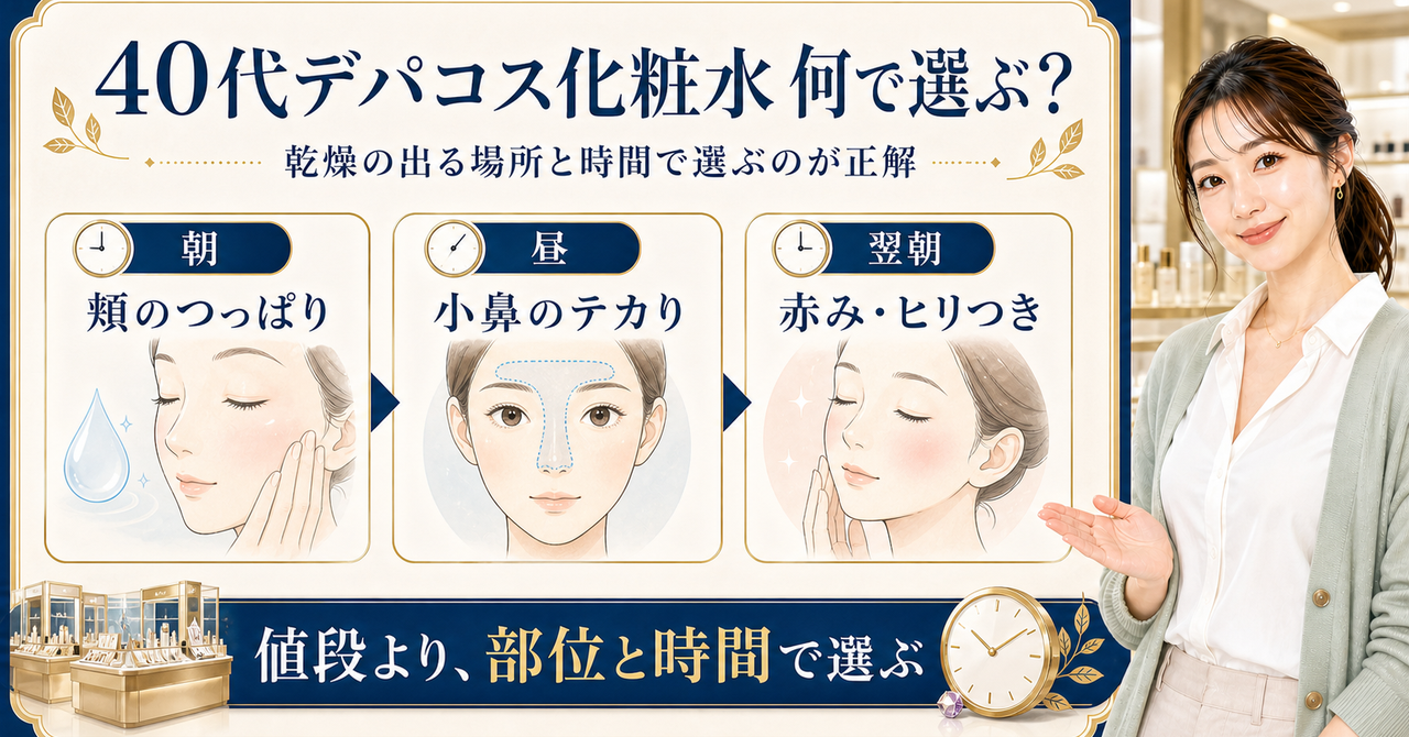 40代のデパコス化粧水を朝の頬、昼の小鼻、翌朝の反応で選ぶ図解