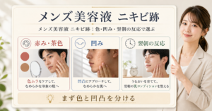 メンズ美容液でニキビ跡を色、凹凸、翌朝の反応に分けて見る図解