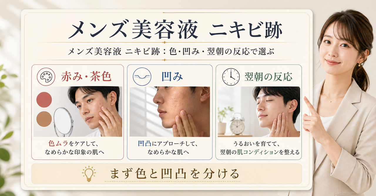 メンズ美容液でニキビ跡を色、凹凸、翌朝の反応に分けて見る図解