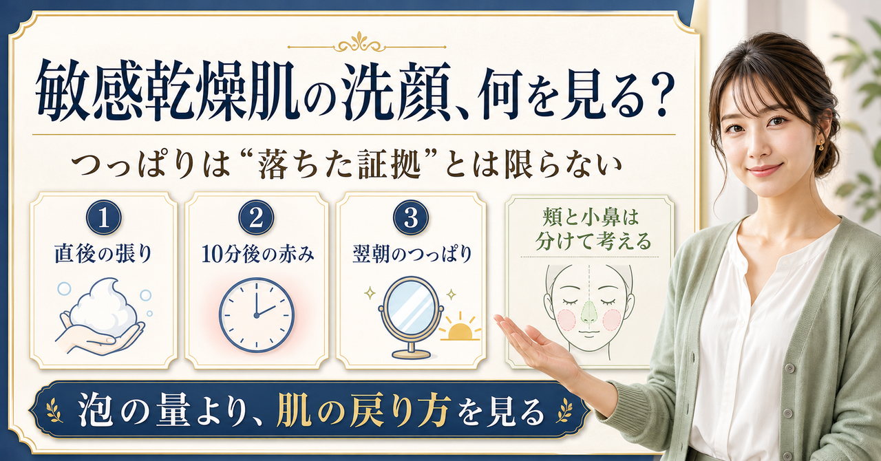 敏感乾燥肌の洗顔を直後の張り、10分後の赤み、翌朝のつっぱりで見る図解