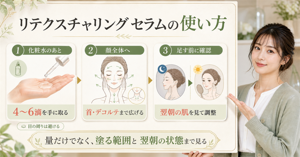 美容液の使い方と順番を3つのカードで示すアイキャッチ