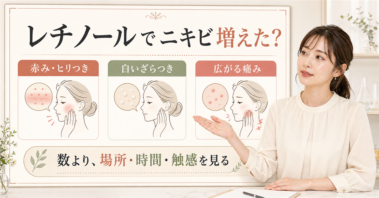 レチノールでニキビが増えたときの観察と見直しを示す美容ボード