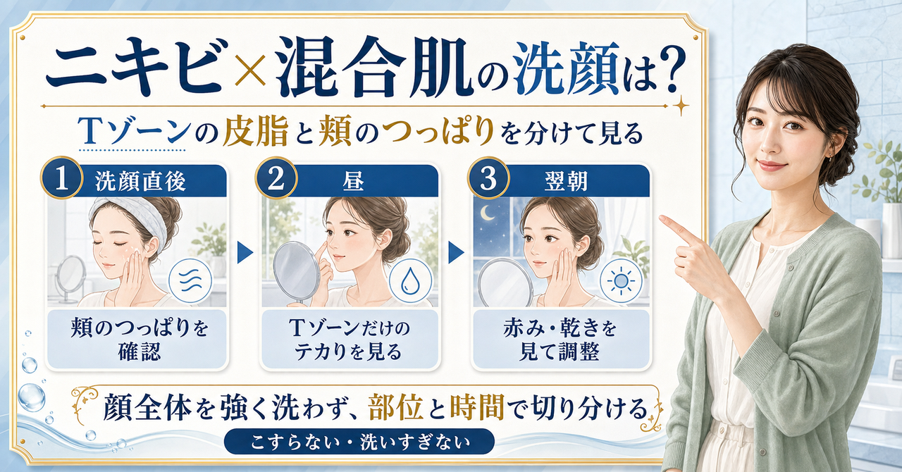 ニキビと混合肌の洗顔を部位と時間で考えるアイキャッチ