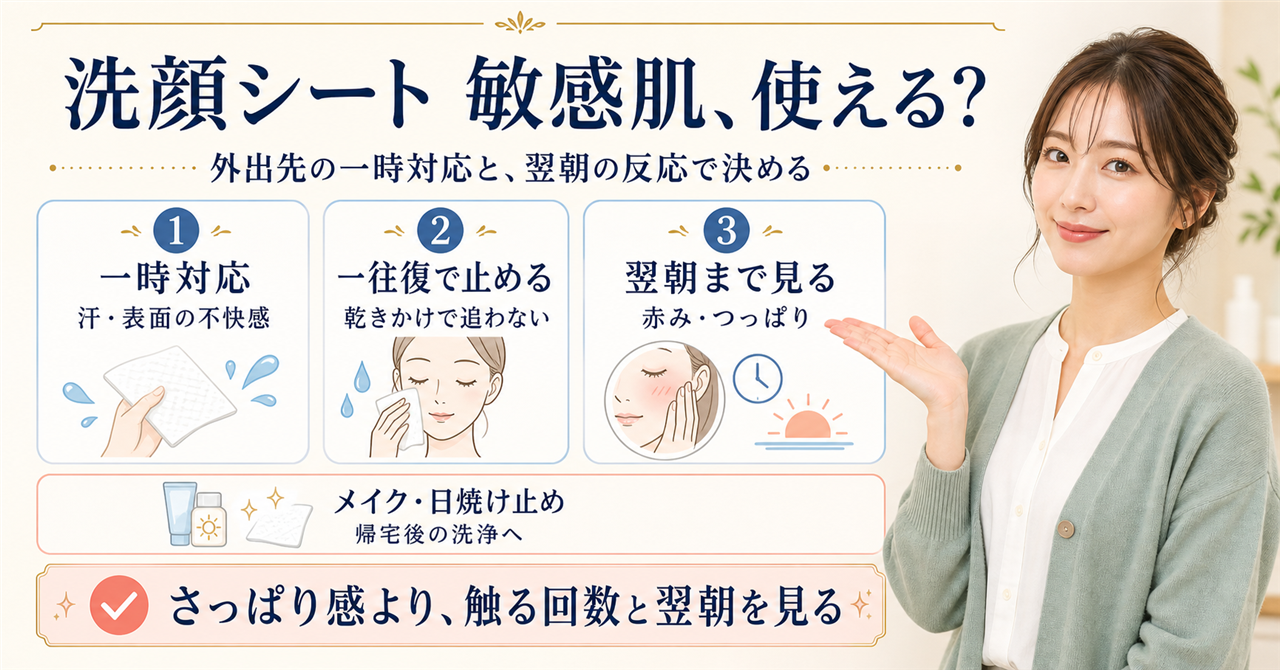 敏感肌で洗顔シートを使うときの観察点を示すアイキャッチ