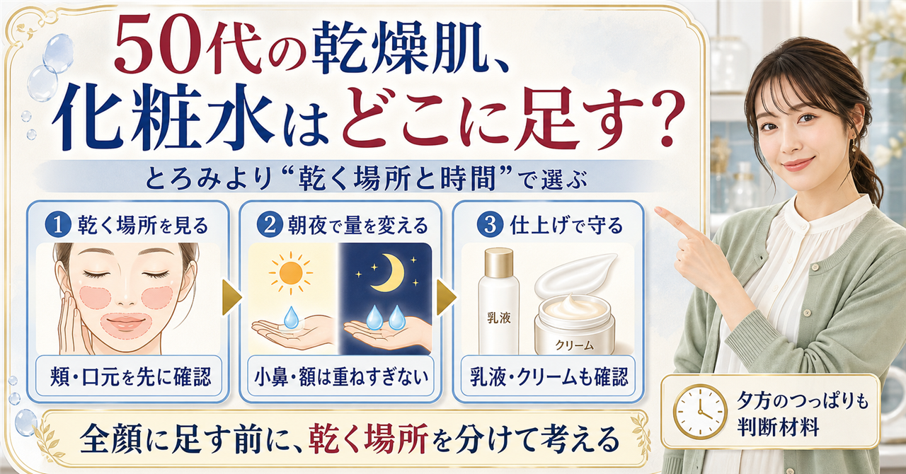 50代乾燥肌の化粧水選びを量と時間で考えるアイキャッチ