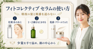 フィトコレクティブ セラムの使い方。化粧水後に1〜2滴をなじませ、乳液やクリームで整える3段階のスキンケア順