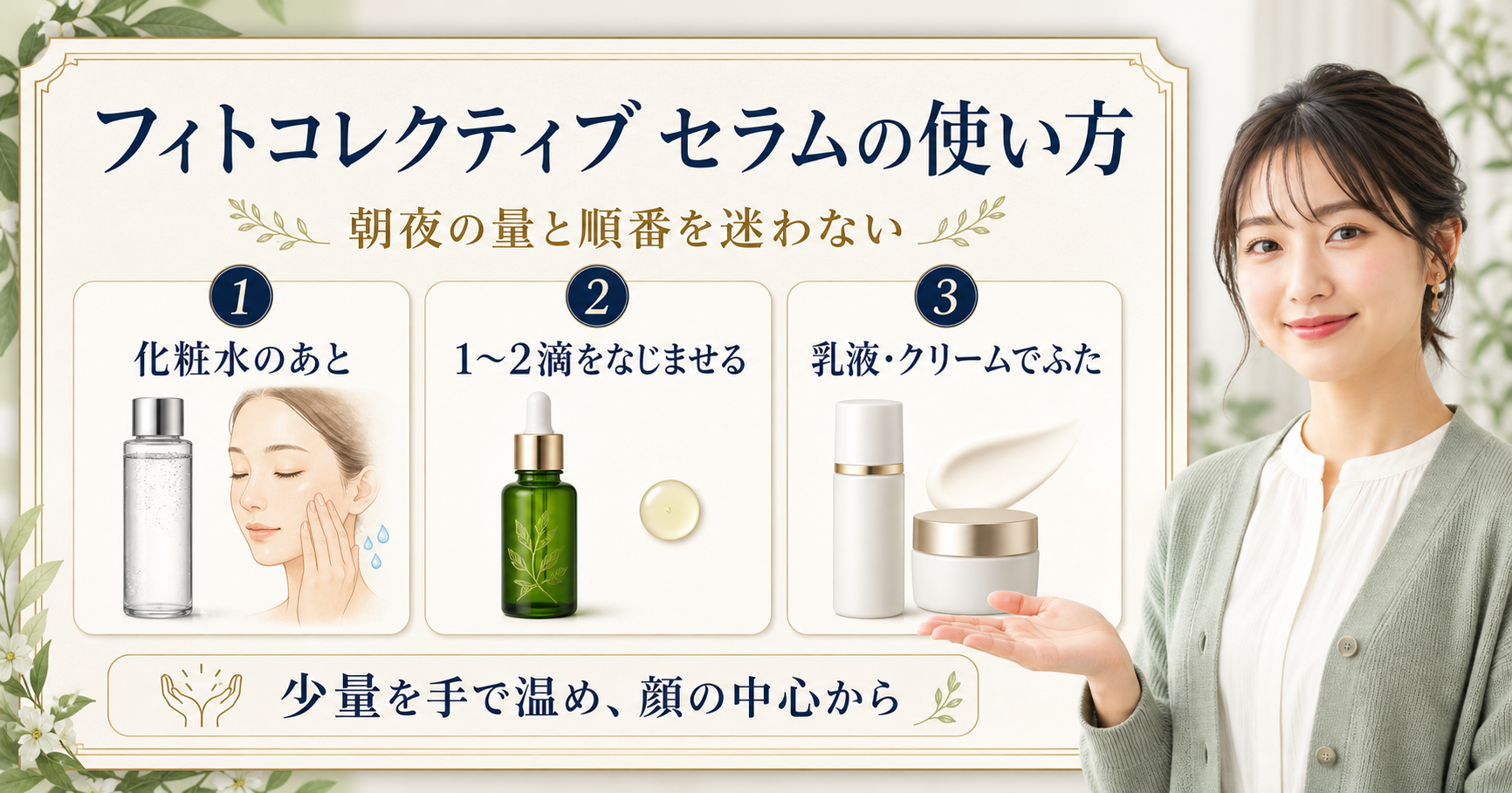 フィトコレクティブ セラムの使い方。化粧水後に1〜2滴をなじませ、乳液やクリームで整える3段階のスキンケア順