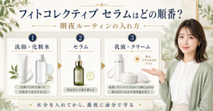 フィトコレクティブ セラムを使う順番。洗顔と化粧水の後にセラム、最後に乳液やクリームを使う3段階