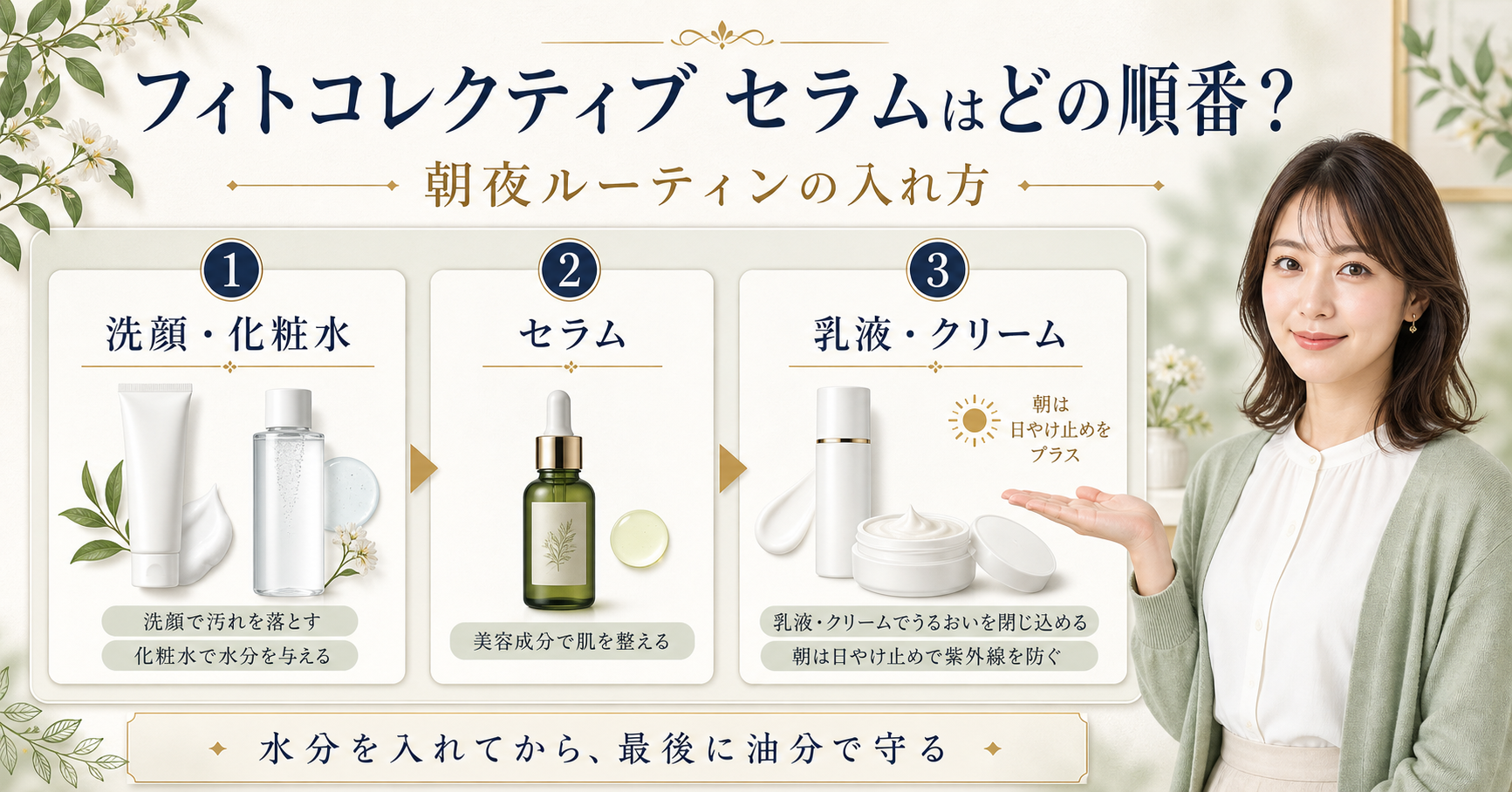 フィトコレクティブ セラムを使う順番。洗顔と化粧水の後にセラム、最後に乳液やクリームを使う3段階