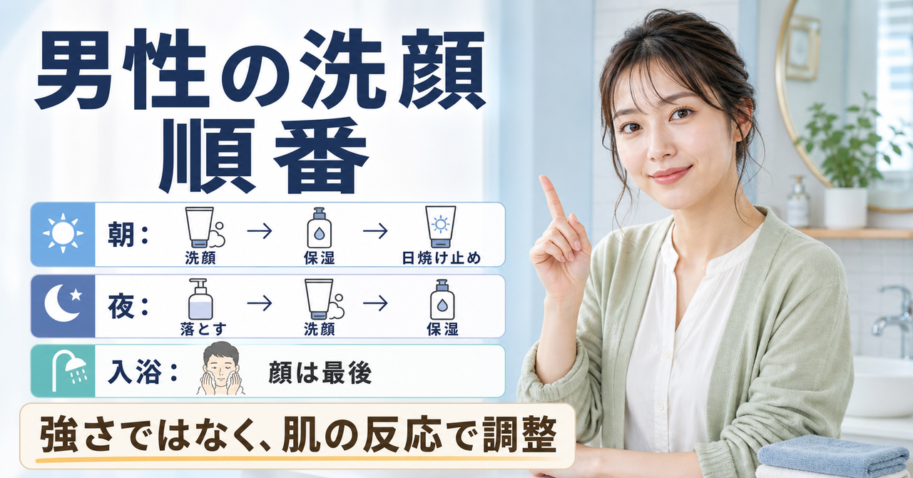 男性の洗顔の順番を朝夜と入浴の場面で見る判断ボード