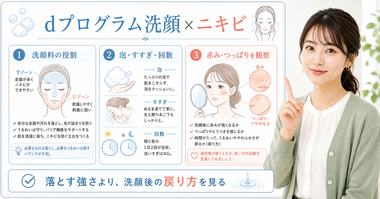 dプログラム洗顔料をニキビ肌で使う判断を示す美容ボード