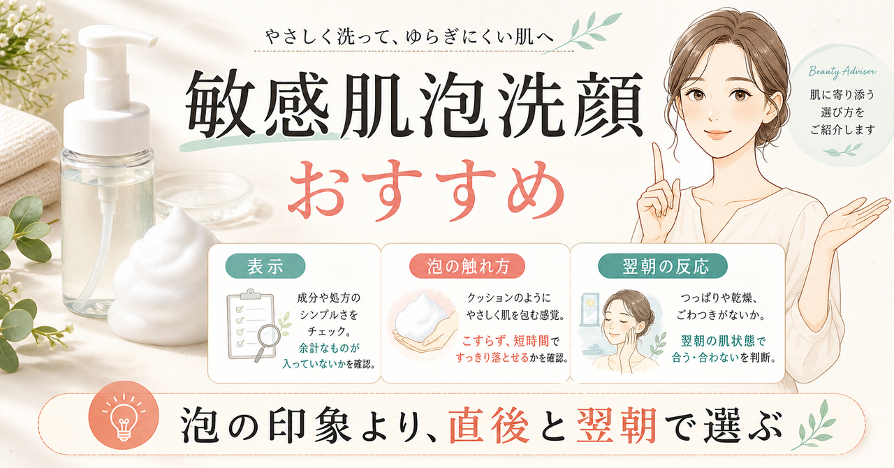 敏感肌向け泡洗顔を表示・泡の触れ方・翌朝の反応で選ぶ美容ボード