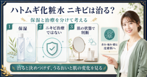 ハトムギ化粧水の保湿役割とニキビ相談境界を示す美容ボード