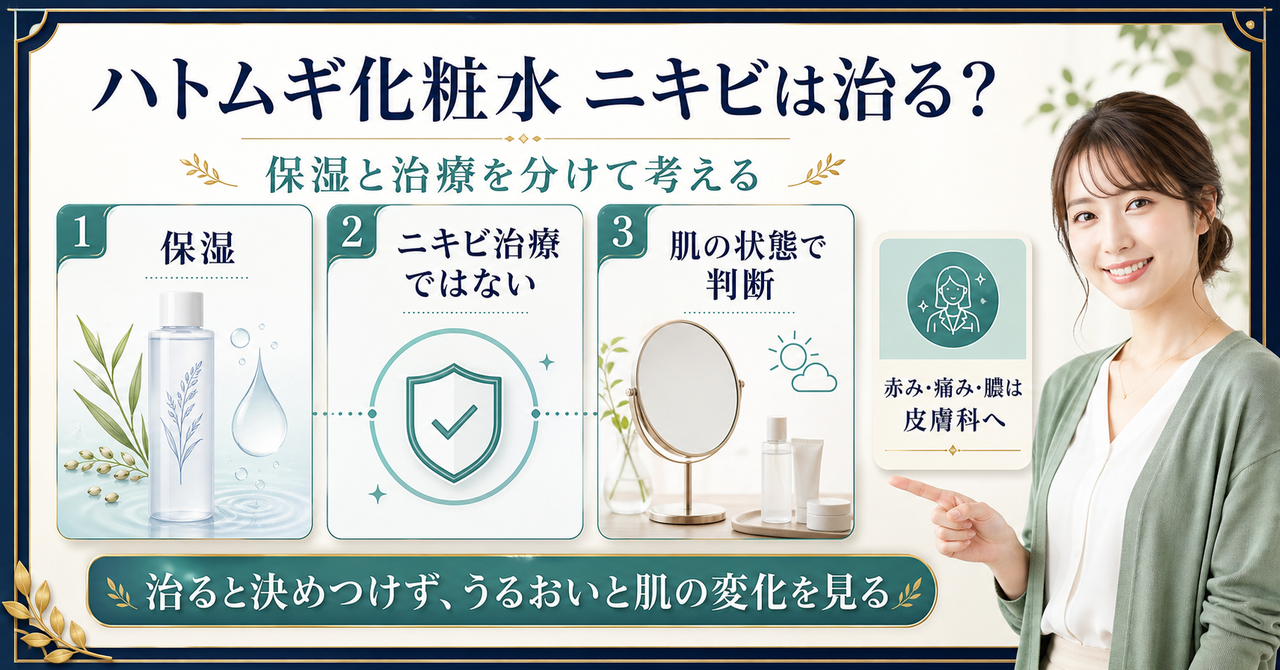 ハトムギ化粧水の保湿役割とニキビ相談境界を示す美容ボード