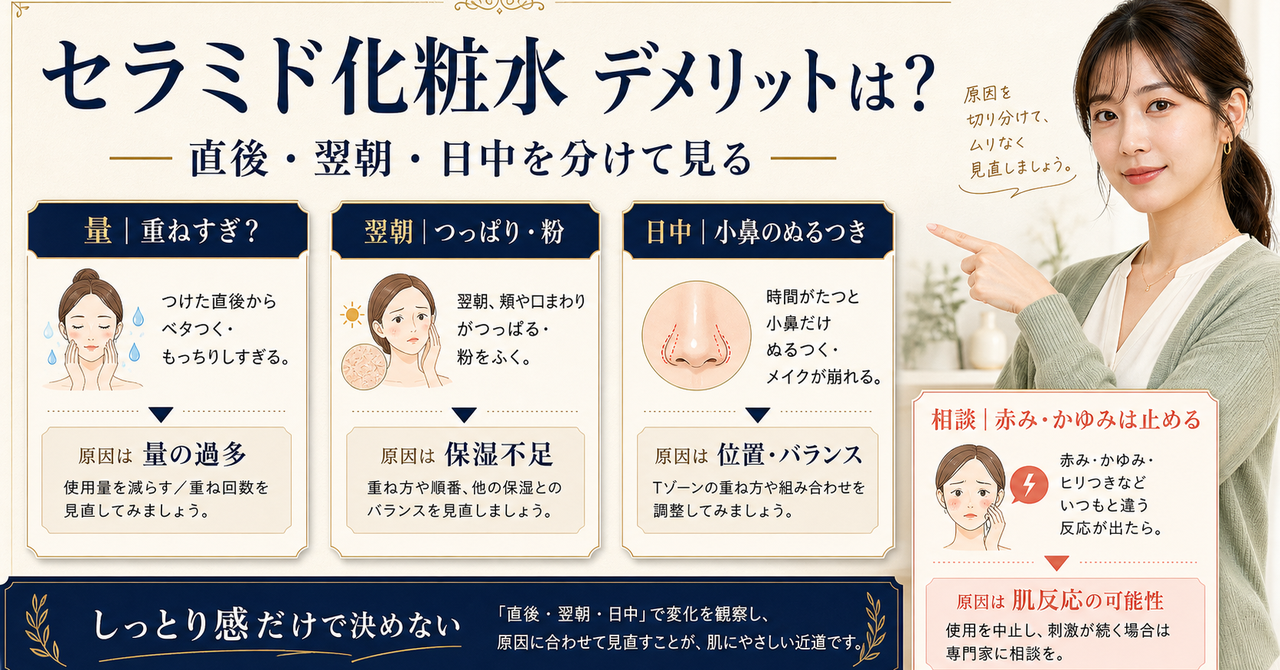 セラミド化粧水のデメリットを直後・翌朝・日中で分ける美容ボード