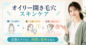 オイリー開き毛穴のスキンケアを朝昼夕方の三つのカードで示す美容ボード