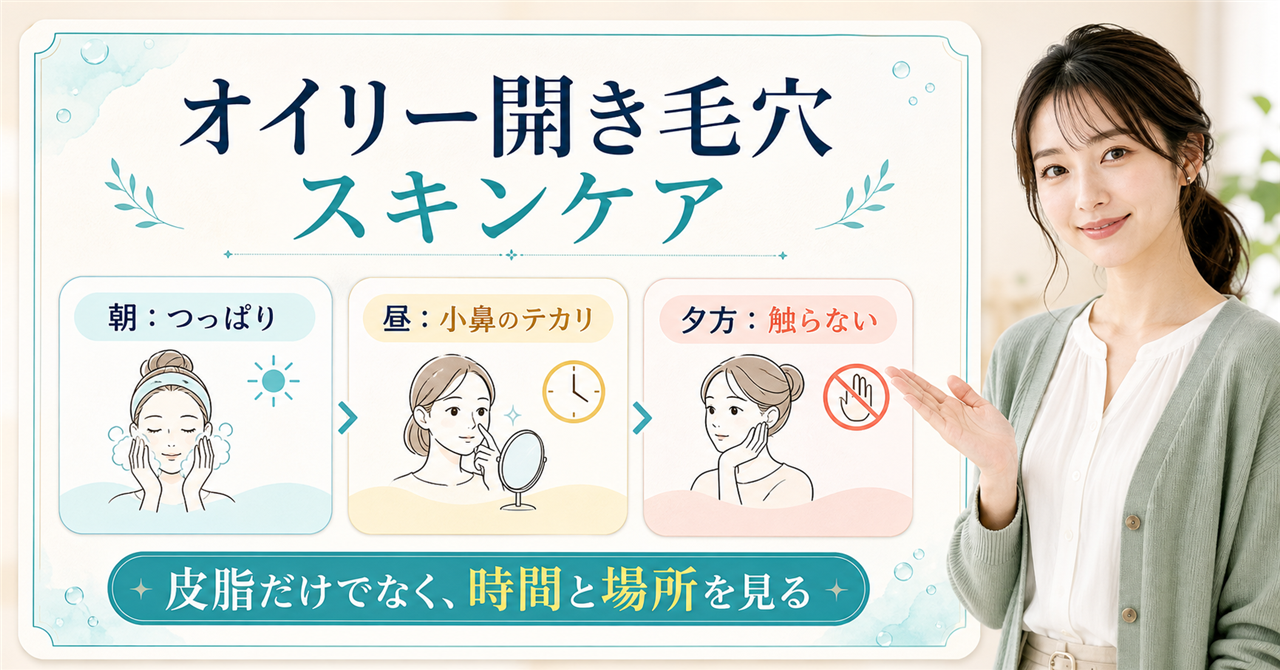 オイリー開き毛穴のスキンケアを朝昼夕方の三つのカードで示す美容ボード