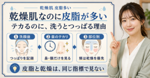 乾燥肌なのに皮脂が多いときに洗顔後のつっぱり、昼のテカリ、部位差を見る美容ボード
