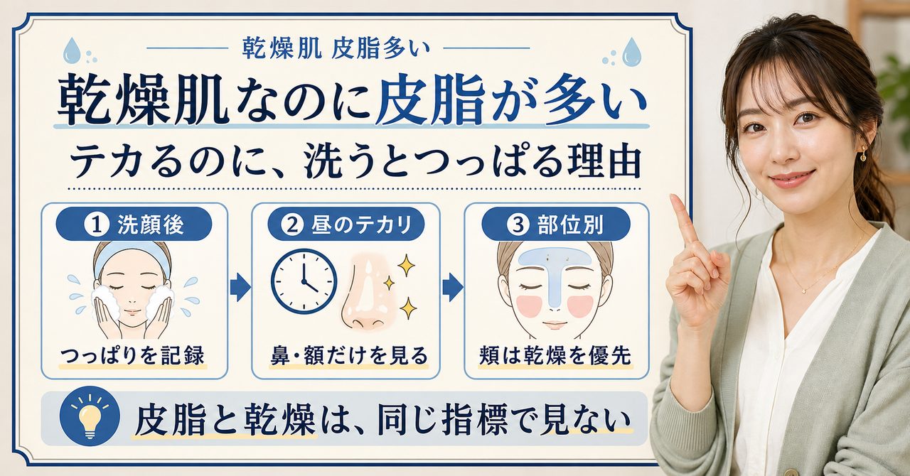 乾燥肌なのに皮脂が多いときに洗顔後のつっぱり、昼のテカリ、部位差を見る美容ボード