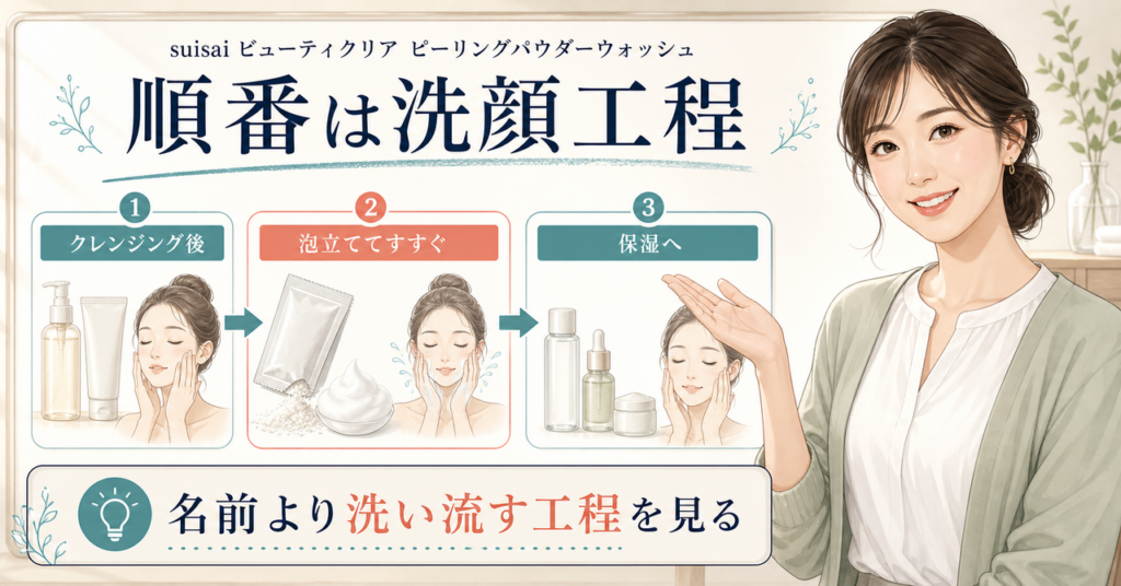 ピーリング パウダーウォッシュをクレンジング後に泡立ててすすぎ保湿へ進む順番のアイキャッチ