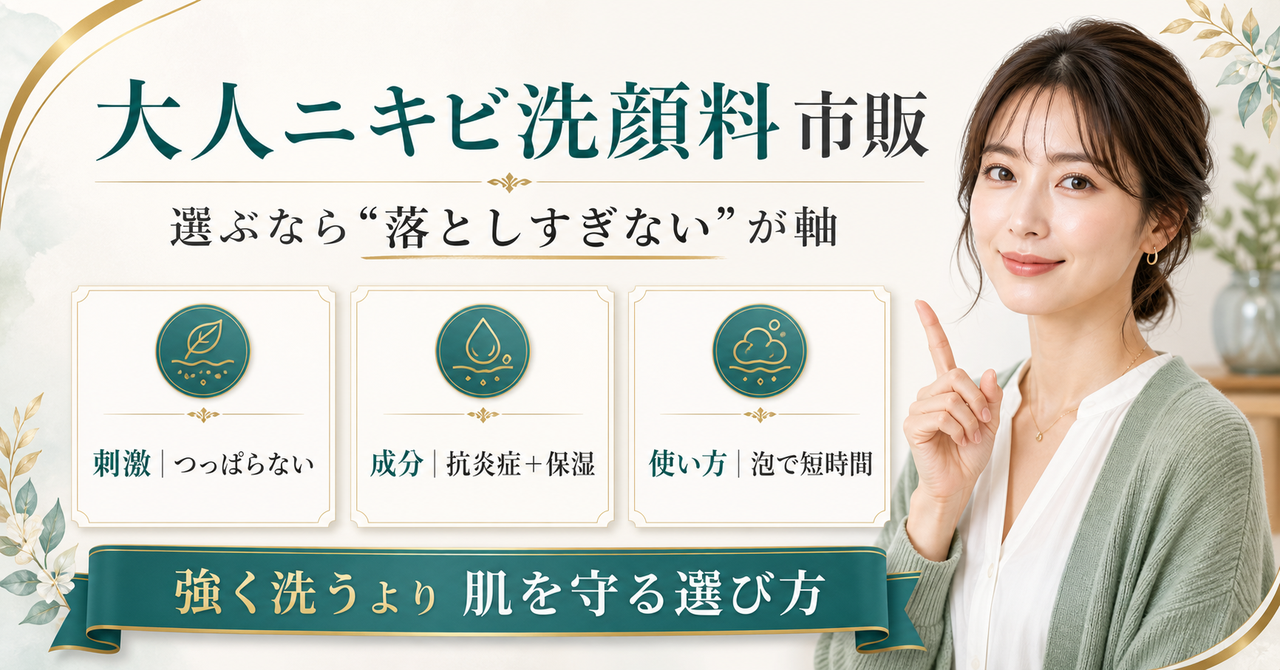 市販の大人ニキビ洗顔料を刺激、成分、泡で短時間の3点から選ぶアイキャッチ