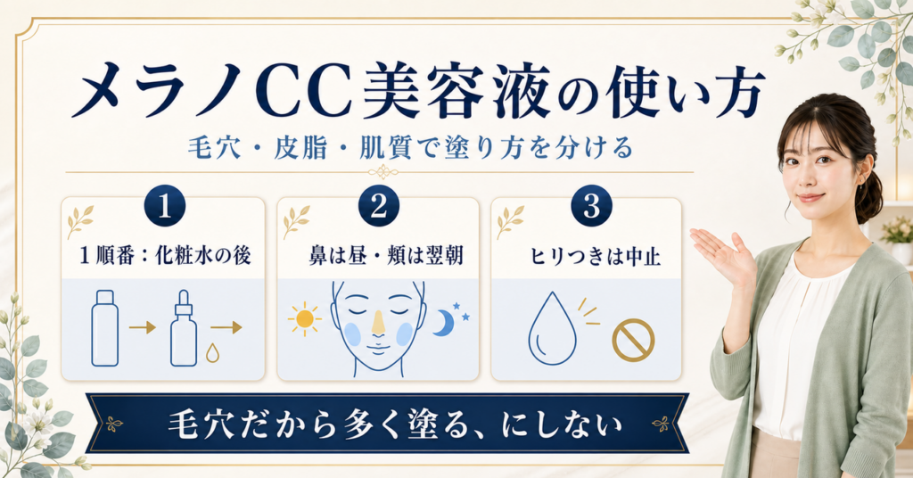 メラノCC美容液を化粧水の後に使い鼻と頬を別の時刻に観察する使い方のアイキャッチ