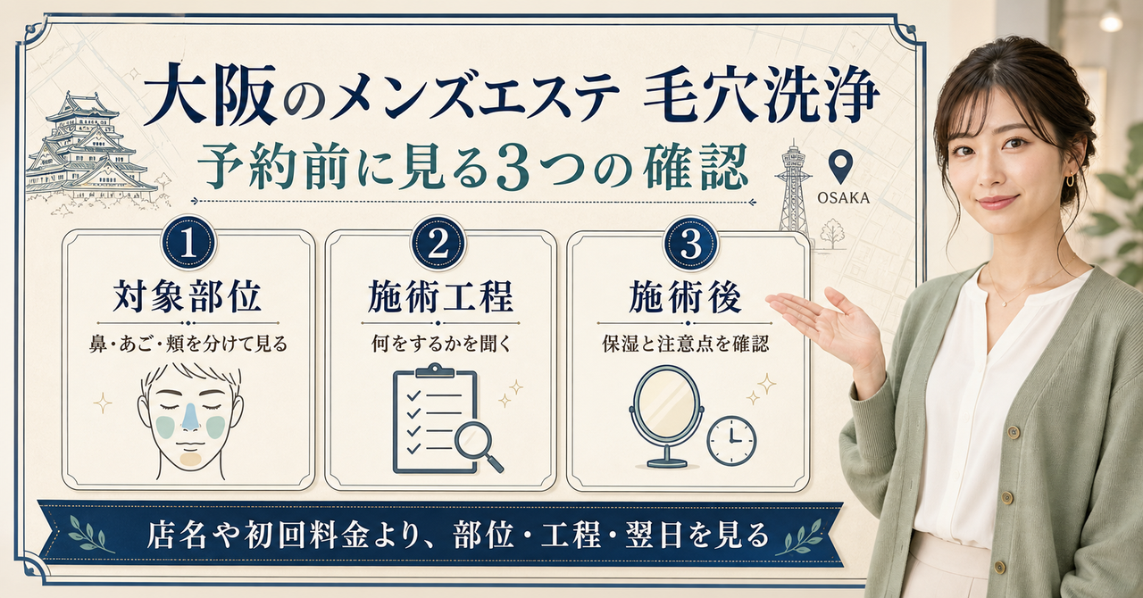 大阪のメンズエステ毛穴洗浄を予約前に確認するアイキャッチ