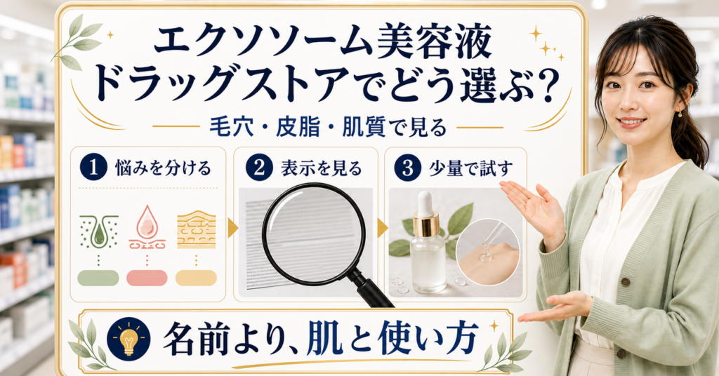 ドラッグストアでエクソソーム美容液の表示と使用感を確認するアイキャッチ