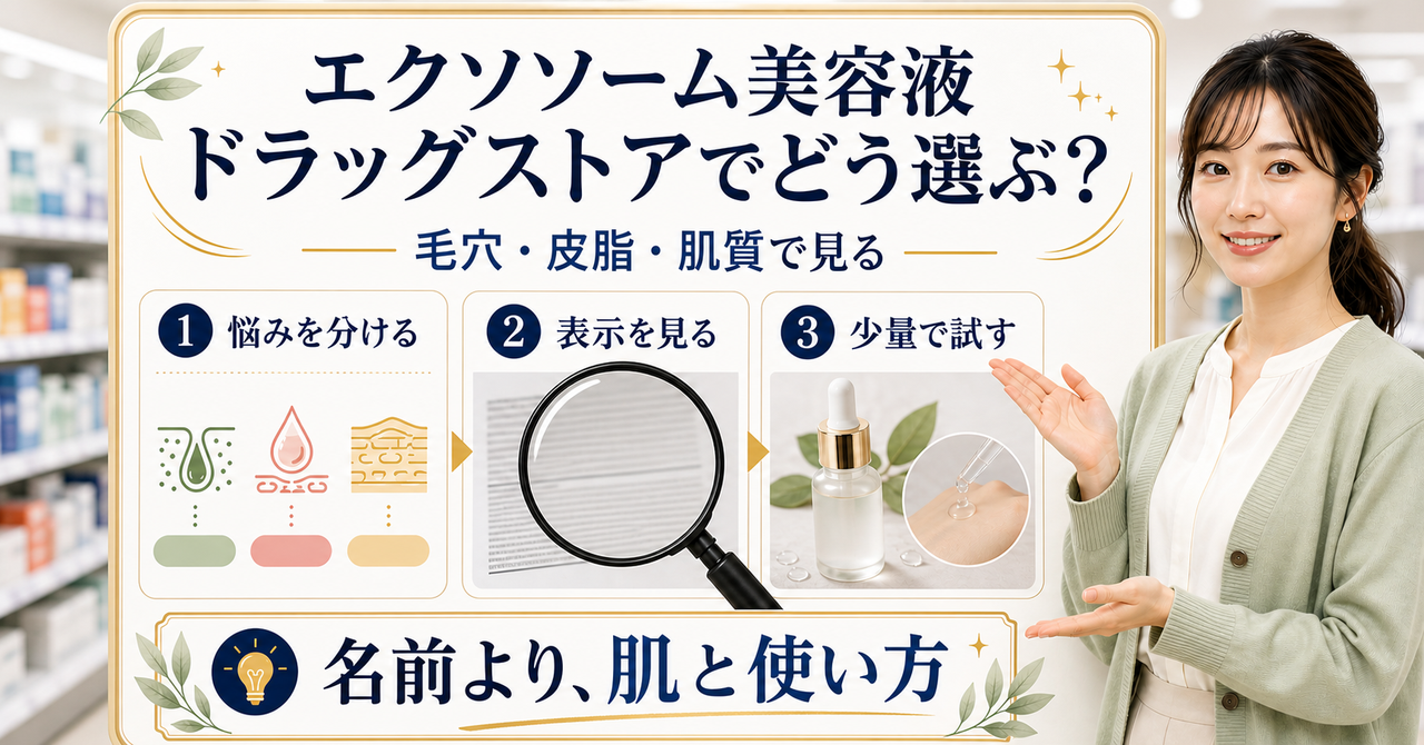 ドラッグストアでエクソソーム美容液の表示と使用感を確認するアイキャッチ