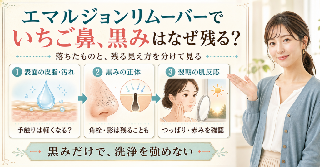 エマルジョンリムーバーでいちご鼻の黒みが残る理由を確認するアイキャッチ