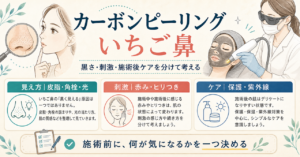 カーボンピーリングをいちご鼻へ受ける前に見え方と施術後ケアを確認するアイキャッチ