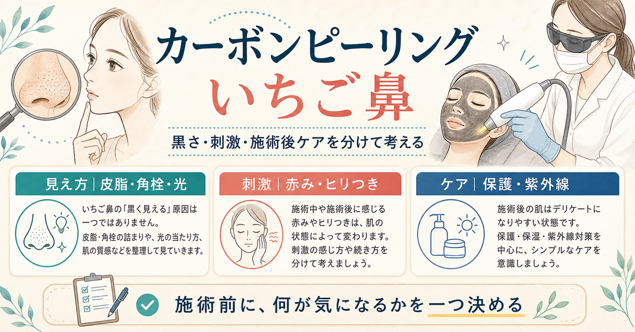 カーボンピーリングをいちご鼻へ受ける前に見え方と施術後ケアを確認するアイキャッチ